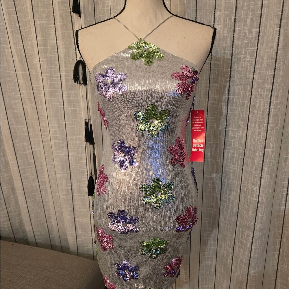 Darling Silver Mini Dress with Vibrant Floral Sequins